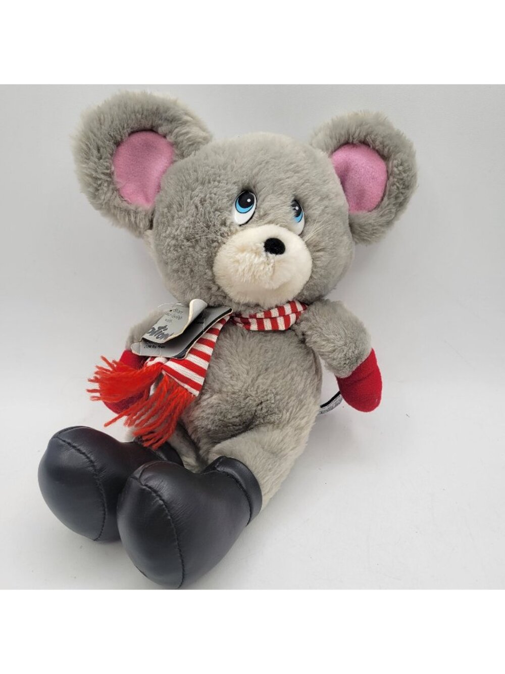 Mattel Emotions Vintage Christmas Gray Mouse Plush Red Scarf Black Boots Stuffed